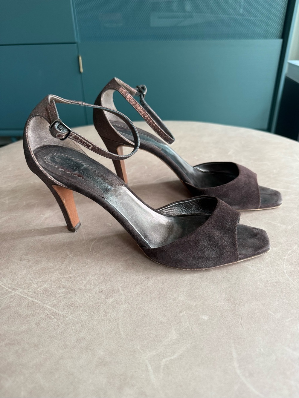 Donna Karan Open-Toe Suede Ankle-Strap Heels in Dark Brown